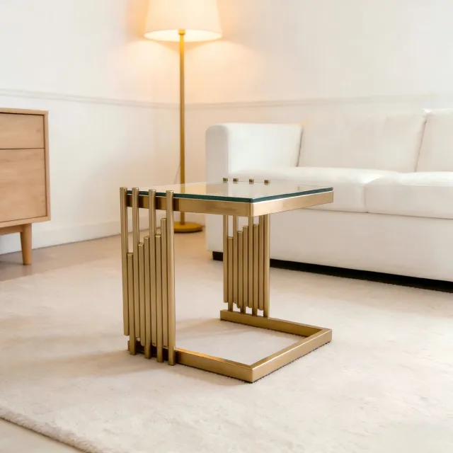 OKWISH Bijzettafel - Vierkant Met Gehard Glas - Voor Woonkamer Slaapkamer En Balkon - Rvs Goudkleurig Transparant - 32 cm Goud En Transparant
