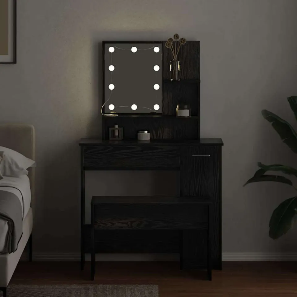 vidaXL LED Make-up Tafel Set 2 st Zwart Eiken 86,5 x 35 x 136 cm, foto 3