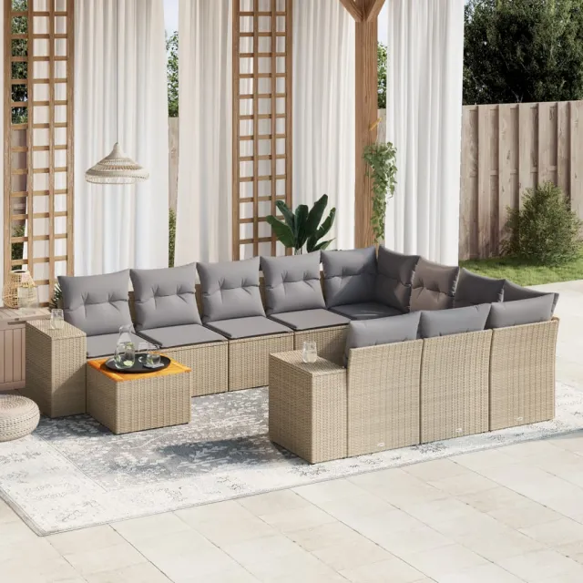 vidaXL 11-delige Tuinset met kussens poly rattan beige, foto 2