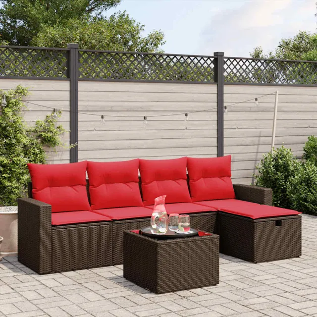 vidaXL 6-delige tuinbankset met kussens, bruin polyrotan