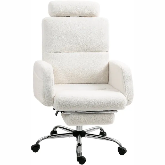 Stervia Bureaustoel Met Uitschuifbare Voetsteun - Shearling Stof Bureaustoel - Verstelbare Zithoogte - Met Zijvak - Creme - 74 x 67 x 107-115 cm
