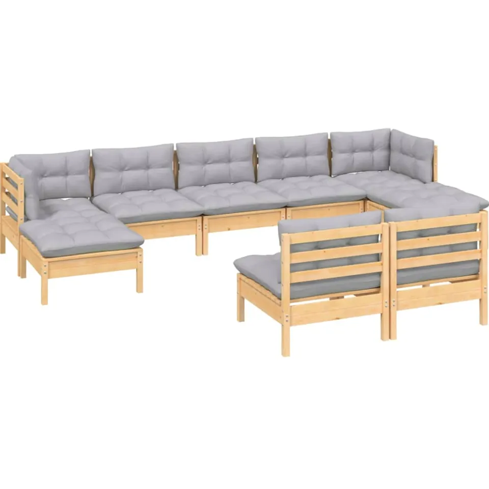 vidaXL 9-delige Loungeset met grijze kussens grenenhout grijs