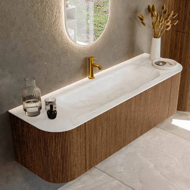 Mondiaz KURVE-DLUX 150 cm Onderkast Greeploos 1 Lade Met Deuren Walnut, Wastafel Solid Surface Midden Ostra 1 Kraangat Zonder Spiegel (KRVBGM150L+R1L2D1KM-Wal/Ost)