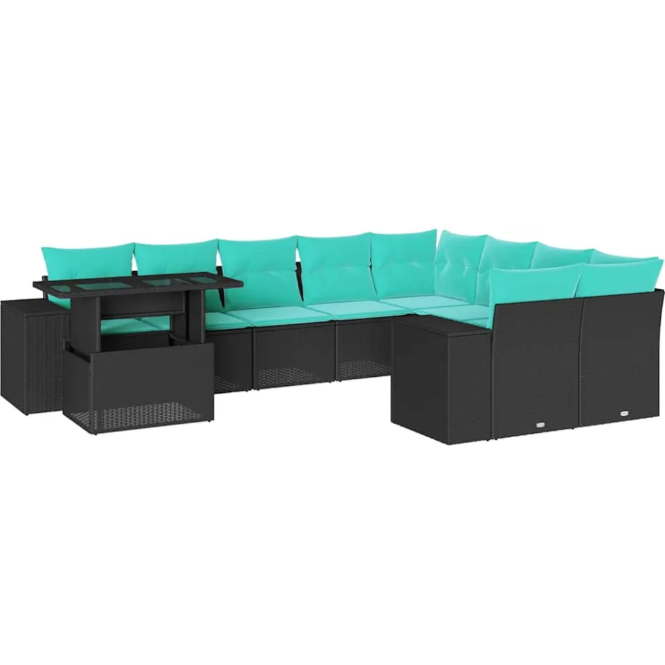 vidaXL 10-delige tuinbankset met kussens van zwart polyrotan, foto 3