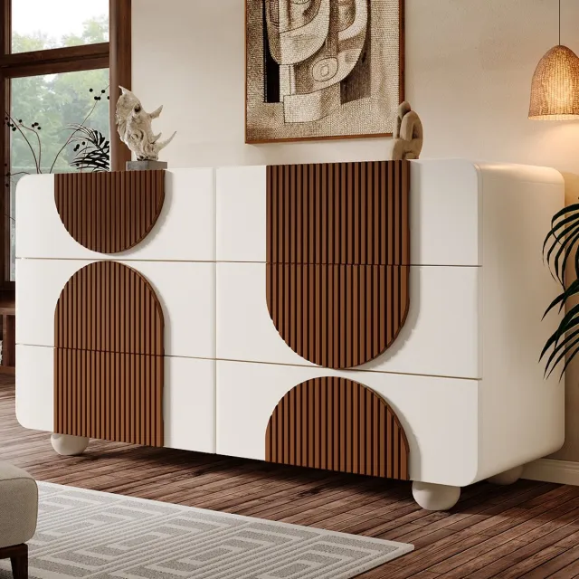 Clruro Ladekast - 121x71x41 cm - Met 6 Laden en Gebogen Design - Kantelbeveiliging - Hout - Wit