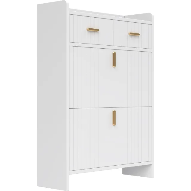 MUVANO Schoenenkast - smalle schoenenkast voor de hal - schoenenkast met twee klepvakken - 75 x 24 x 108,5 cm - met lade en open vak - witte kast