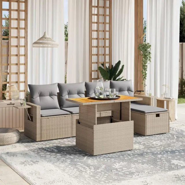 vidaXL 6-delige Loungeset met kussens poly rattan beige, foto 2