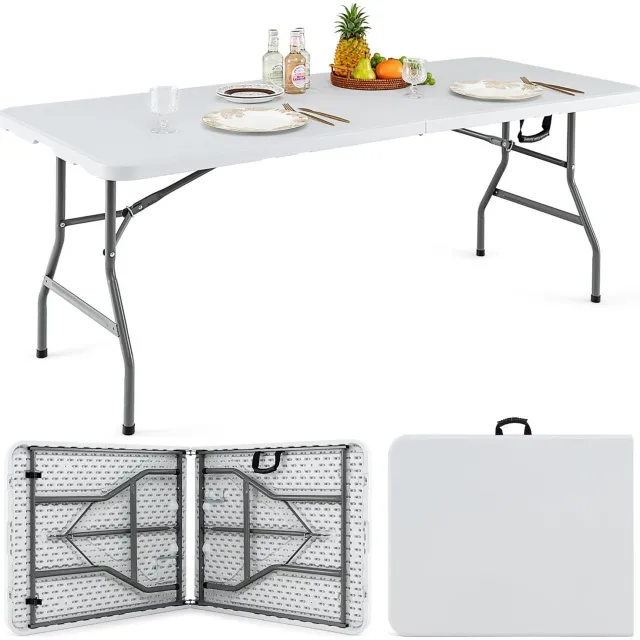 Costway Tuintafel, inklapbaar, 180 x 73 cm, buffettafel met draaggreep, partytafel voor 6 personen, campingtafel van weerbestendig kunststof, klaptafel voor tuin, terras en balkon Wit
