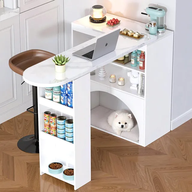 Pugsdrly Moderne, uitschuifbare bartafel en eettafel, kleine hoge draaibare bartafel – met ruimte voor huisdieren, zonder voerbak of kussen voor huisdieren, wit, marmerlook tafelblad, 120(+80)×40×100 cm