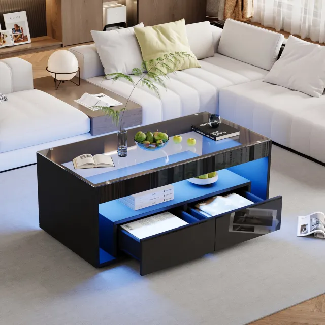 Maisentiel LED-salontafel 100 x 50 cm met 2 lades, glazen blad en hoogglans zwart