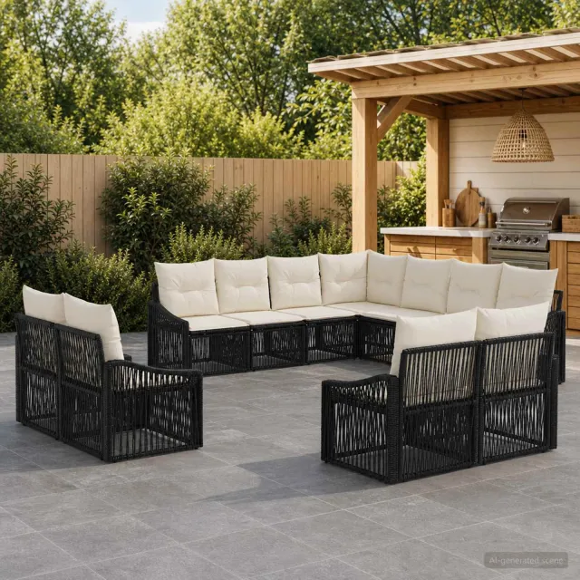 vidaXL Tuinbankenset 11 st 11-zits Zwart poly rattan, foto 2