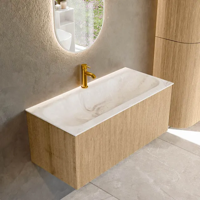 Mondiaz KURVE-DLUX 100 cm Onderkast Greeploos 1 Lade Zonder Deuren Oak, Wastafel Solid Surface Volledig Frappe 1 Kraangat Zonder Spiegel (KRVBGM1001L0D1KM-Oak/Fra)