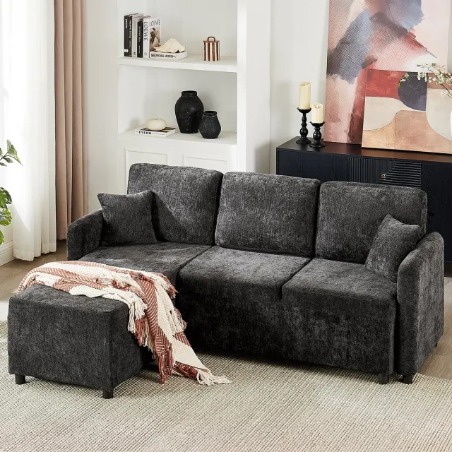 REDOM Hoekbank 3-zits met lange loungebank - Chenille bekleding - Massief houten frame - Inclusief 2 kussens - Scandinavisch & Basic - Woonkamer - Zwart - 187,5 x 144 x 85,5 cm
