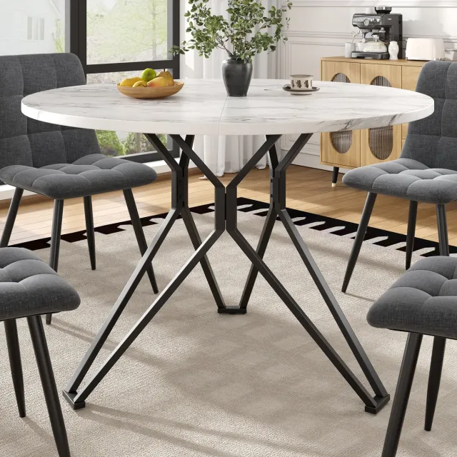STILVORA Eettafel Rond - Ruim Tafelblad Met Marmerlook - Voor Eetkamer Woonkamer En Kantoor - MDF Metaal Zwart - 100x100x76 Cm