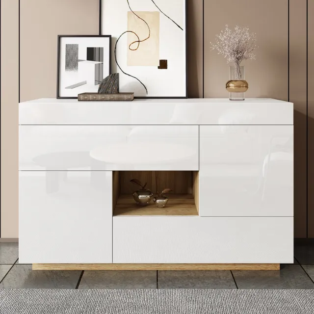 REDOM Dressoir - 2 Deuren En 2 Laden Met Open Vak En Verlichting - Modern - Spaanplaat - Wit - 120 x 76,5 x 37 cm