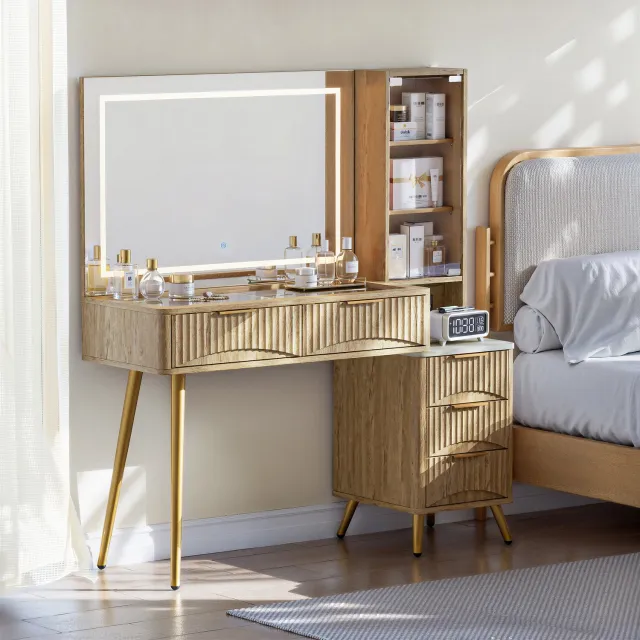 DantefHandels Kaptafel met spiegel, glazen blad, meerdere lades en stopcontact, moderne kaptafel met geribbelde voorkant, veel opbergruimte voor slaapkamer,naturel natural