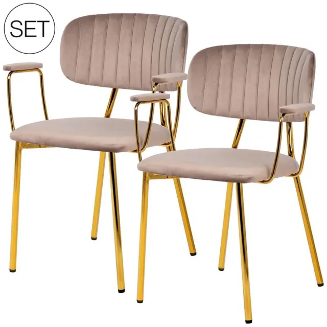 Kayoom Set 2 stoelen Kian met armleuning - Velours - Fluweel - Taupe/Goud - Belastbaar gewicht