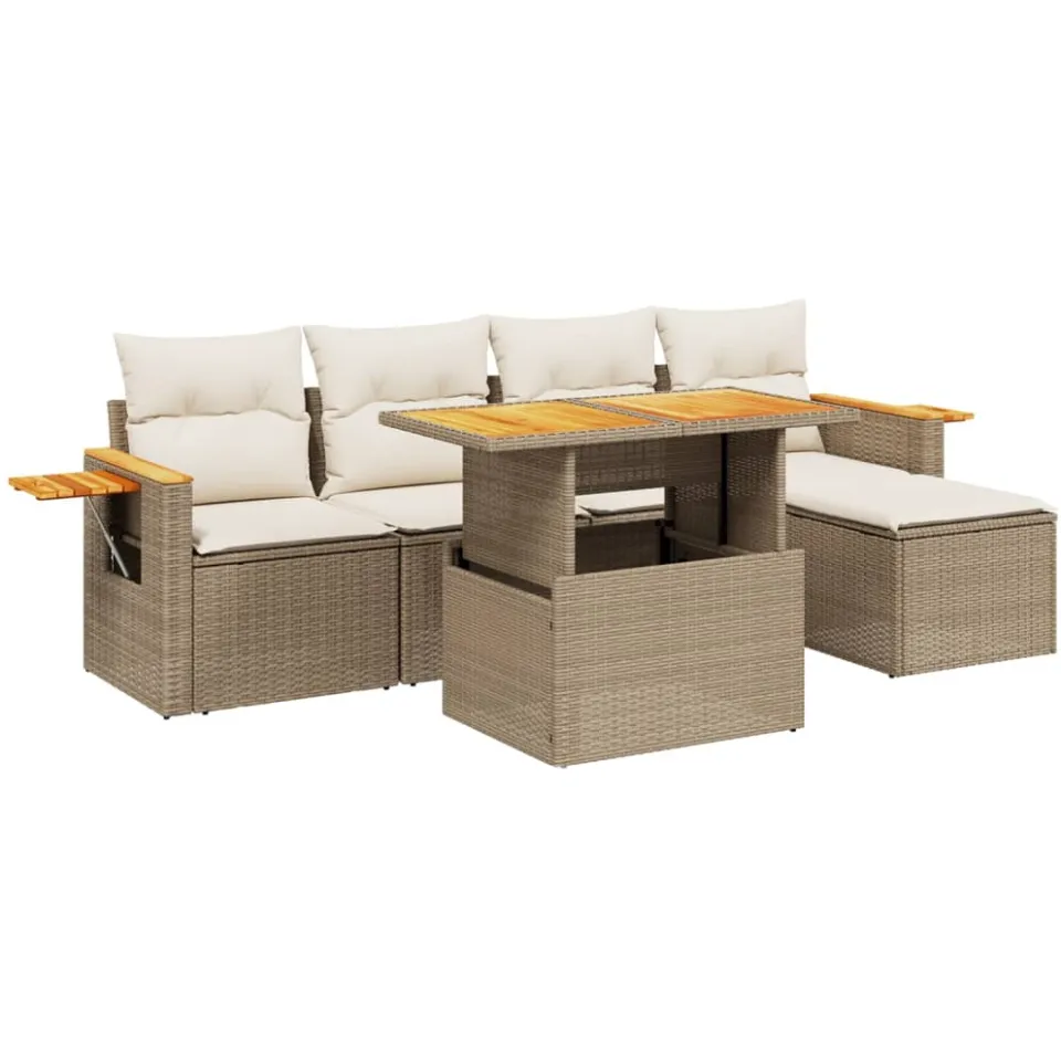 vidaXL 6-delige Loungeset met kussens poly rattan beige, foto 3