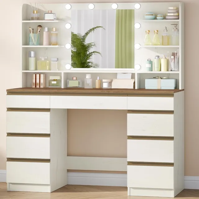 HILINSIE Kaptafel - Make up tafel - Kaptafel met Spiegel en Verlichting - Groot - Wit/Bruin - 10 LED-Lichtbollen - 3 Kleuren - Instelbare Helderheid - 9 Lades - 9 Open Schappen - 40 x 108 x 140 cm Wit-bruin