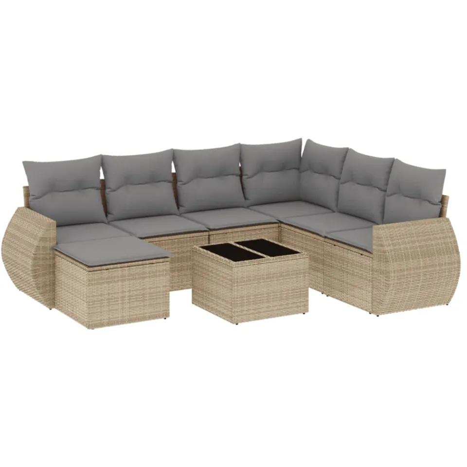 vidaXL 8-delige Loungeset met kussens poly rattan beige