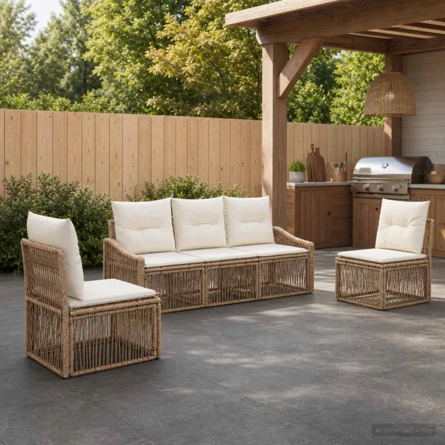 vidaXL Tuinbankenset 5 st 5-zits Beige poly rattan, foto 2