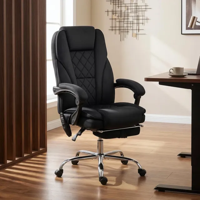 MUVANO Ergonomische bureaustoel met massage en verwarming - Fluwelen bekleding - Uitschuifbare voetensteun - 67 x 72 x 111-119 cm - Kantelbaar - Thuiskantoor zwart