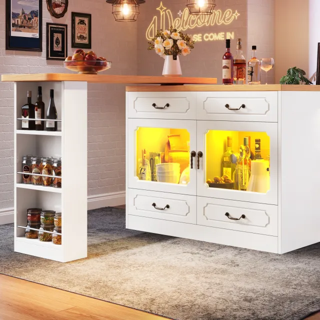 Maisentiel Uitschuifbare bartafel met 360° draaiblad, opbergruimte en LED - 135-203 cm - wit/naturel
