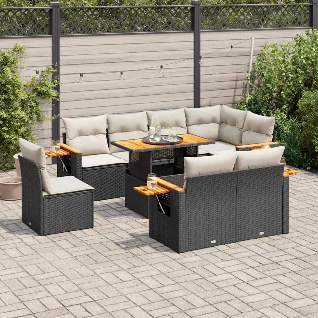 vidaXL 9-delige Loungeset met kussens poly rattan acacia zwart, foto 2