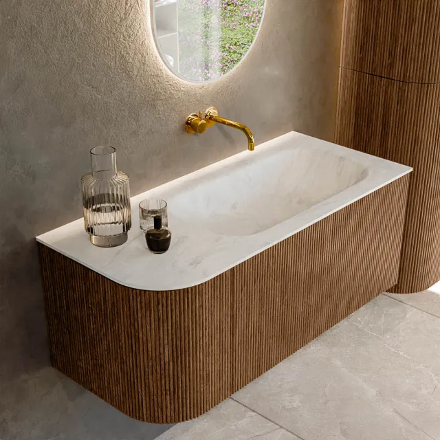 Mondiaz KURVE-DLUX 105 cm Onderkast Greeploos 1 Lade Met Deuren Walnut, Wastafel Solid Surface Rechts Opalo 0 Kraangaten Zonder Spiegel (KRVBGS105L1L1D0KR-Wal/Opa)
