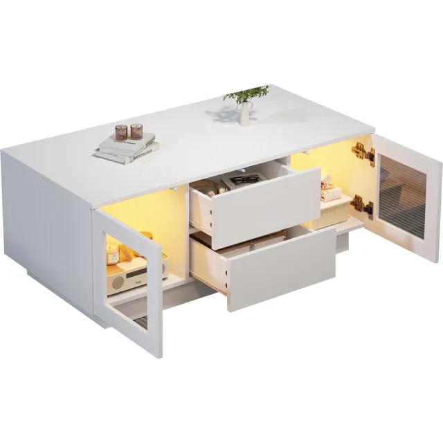 MUVANO Witte hoogglans salontafel - Salontafel met lades - Moderne bijzettafel-Koffietafel met opbergruimte - 100x50x40 cm- Met led verlichting- Woonkamer Wit