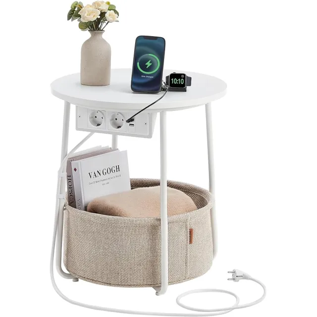 MAZAZU Bijzettafel - Rond - Met mand - Oplaadsysteem - 45x50 Wit