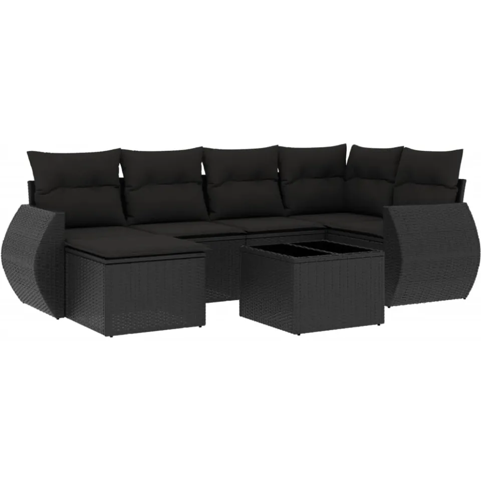 vidaXL 7-delige Loungeset met kussens poly rattan zwart, foto 3