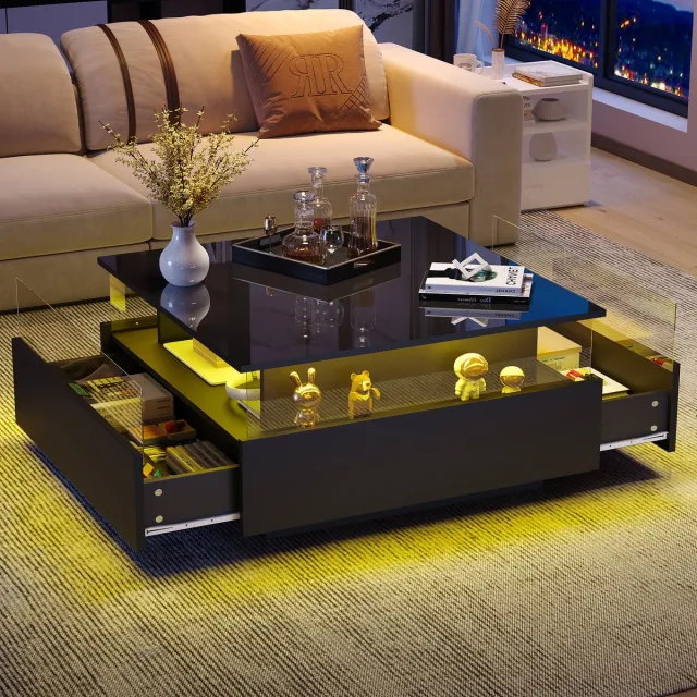 MIVRAY Salontafel - Hoogglans Met LED En 2 Laden - Voor Moderne Woonkamer - Spaanplaat Zwart - 70x70x41 Cm