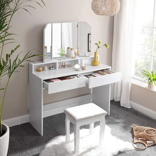 MAZAZU MIRA Home Kaptafel - Make-up tafel - Met spiegel - Modern - Hout - Wit - 100x40x142 100 cm