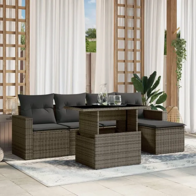 vidaXL 6-delige Loungeset met kussens poly rattan grijs, foto 2