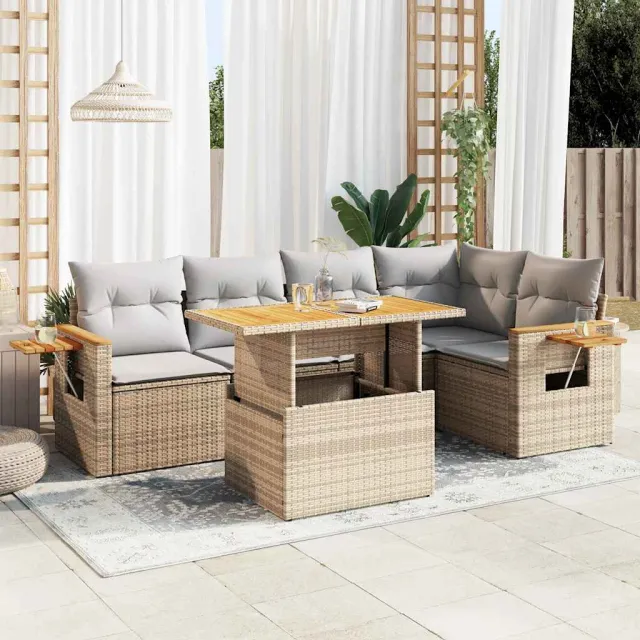 vidaXL 6-delige Loungeset met kussens poly rattan acacia beige, foto 2