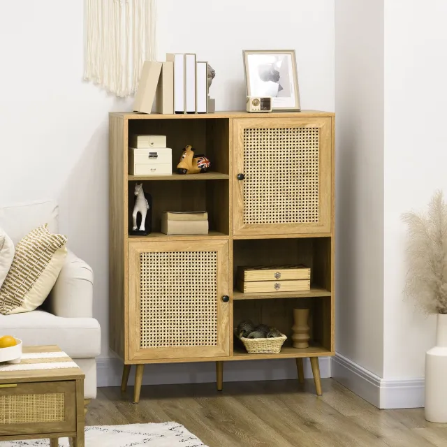 AURA LUMEN Buffetkast-Buffet met houten look en geweven rotan voor woonkamer-90x32,5x120 cm-eiken