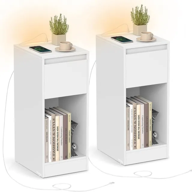FurnStar Nachtkastje set van 2 – Smal bijzettafeltje met lade en open vak – Inclusief LED-verlichting, USB-A & USB-C poort – Voor slaapkamer & woonkamer – Wolkenwit Wolkenwit double