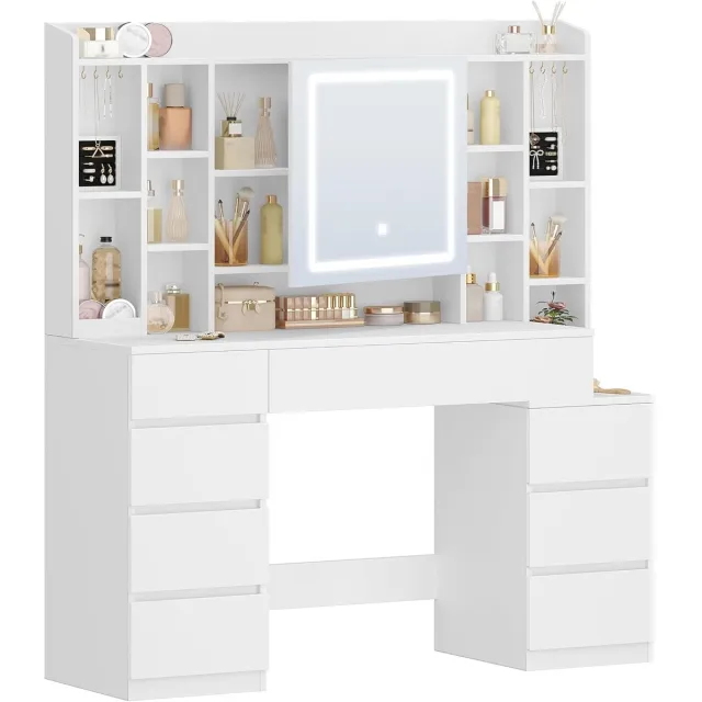 HILINSIE Kaptafel - Make up Tafel - Kaptafel met Spiegel en Verlichting - 120 cm - Verstelbare Lichtstrip - Make-Uptafel met 8 Lades en 11 Open Opbergvakken - Wit - 40 × 120 × 141 cm