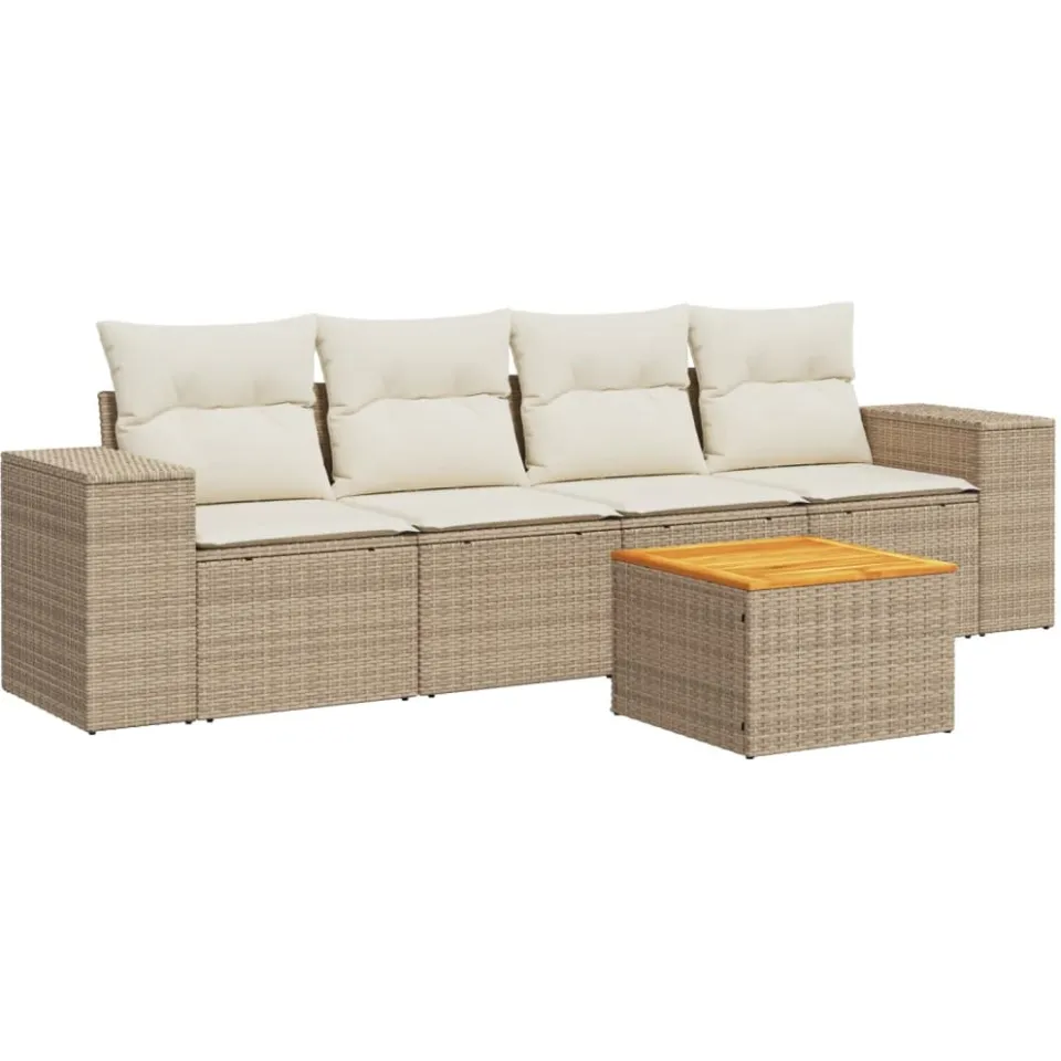 vidaXL 5-delige Loungeset met kussens poly rattan beige, foto 3