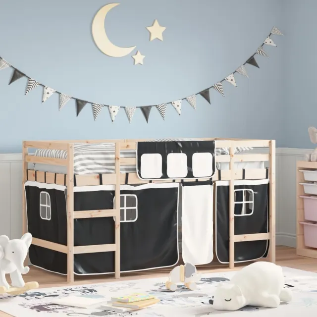 vidaXL Kinderhoogslaper met gordijnen 80x200 cm massief grenenhout Zwart