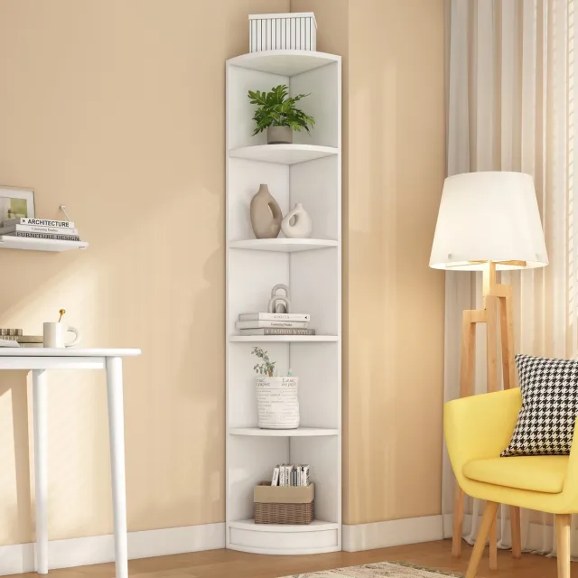 COVREO Hoekboekenkast 42 x 30 x 180 cm – wit MDF, 5 lagen, ruimtebesparend