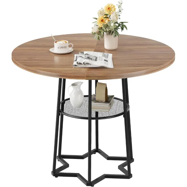 Danky Ronde Eettafel 98 cm - Eettafel voor 4 Personen - Modern Hexagon Onderstel - Houtlook met Handig Opbergnet - Industrieel & Farmhouse Design Bruin