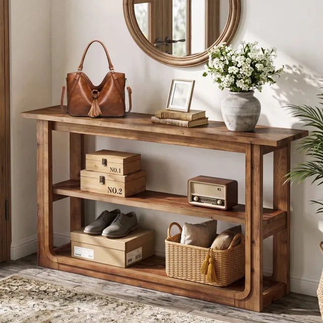 Little Trees LITTLE TREE 3 Laags Massief Houten Consoletafel - 140 x 35 x 85 cm - Sidetable Achter de Bank - Consoletafel voor Hal, Entree, Woonkamer - Vintage Bruin