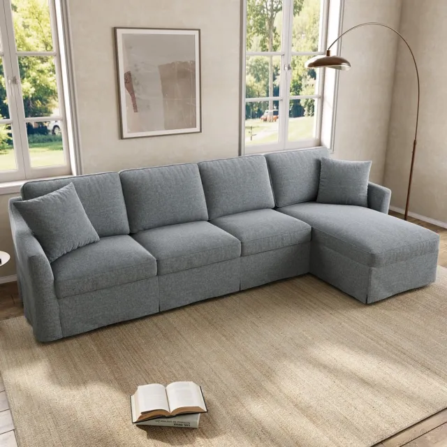 Pugsdrly L-vormige hoekbank met opbergruimte en chaise longue, afneembare en wasbare katoen-linnen bekleding, 4-zits stoffen bank voor de woonkamer, grijs, 274 × 128,5 × 83 cm