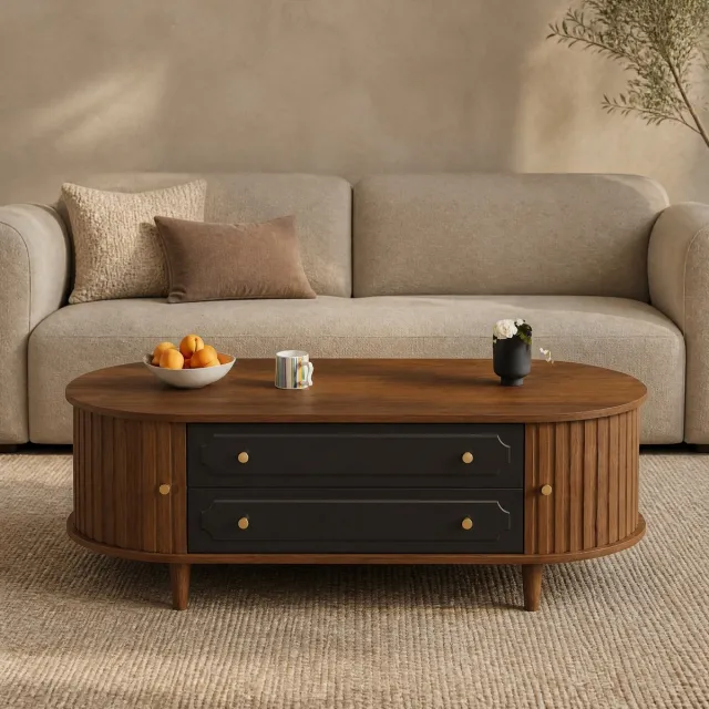 MEUNIQ Salontafel 100 x 50 x 36 cm met 2 lades en 2 rolluikdeuren, opbergruimte en metalen grepen voor woonkamer, walnootkleur en zwart