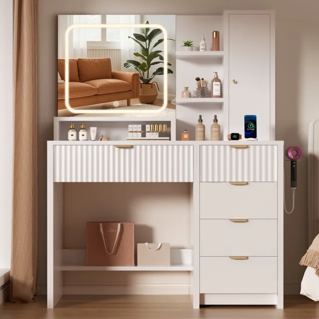 Lexzurn kaptafel met spiegel - 3 standen LED verlichting - 6 open vakken + 5 laden - föhnhook, stopcontacten & USB - 139x90x40 cm - wit - voor slaapkamer en kleedkamer