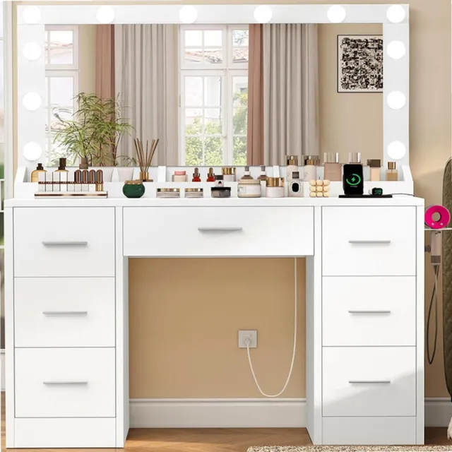 Sierra , Make-uptafel met verlichting, instelbare helderheid, tafel met spiegel en stekker, kaptafel met 7 laden, 3 planken, moderne commode, slaapkamer, wit Kleur wit