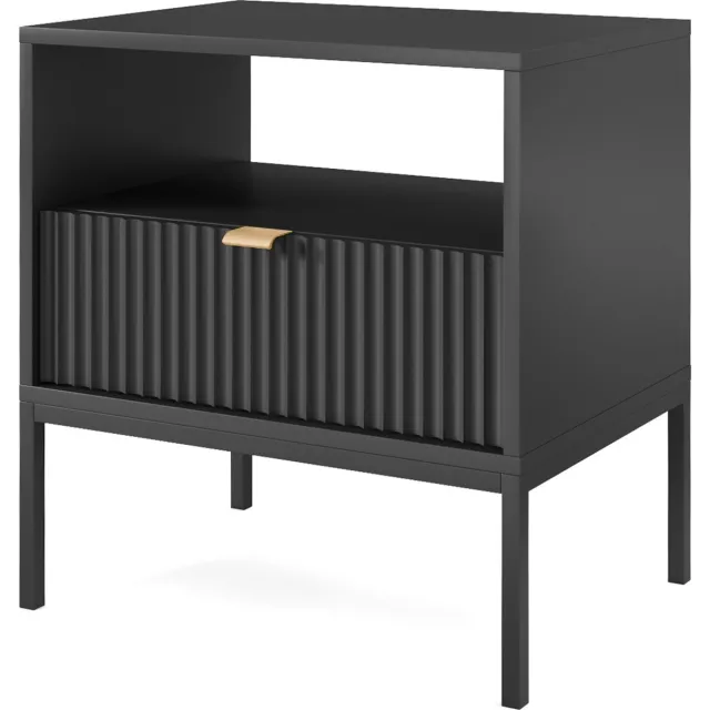 Selsey Vellore - Nachtkastje 54 cm - zwart met geribbelde front en gouden handgreep