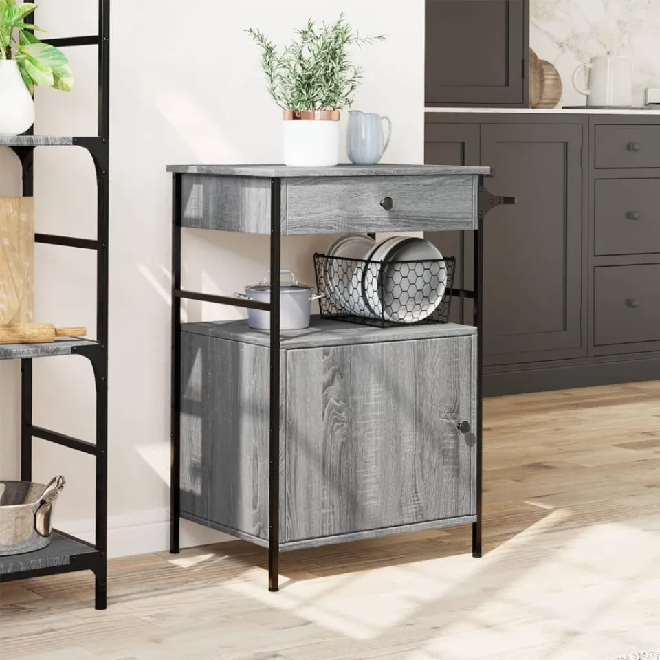 vidaXL Keukentrolley 56x43x89,5 cm bewerkt hout grijs sonoma eiken, foto 3